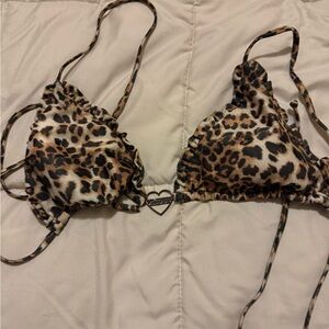 Strawberry Milk Mob Leopard Print Triangle Bikini Top - Brown Black Cream